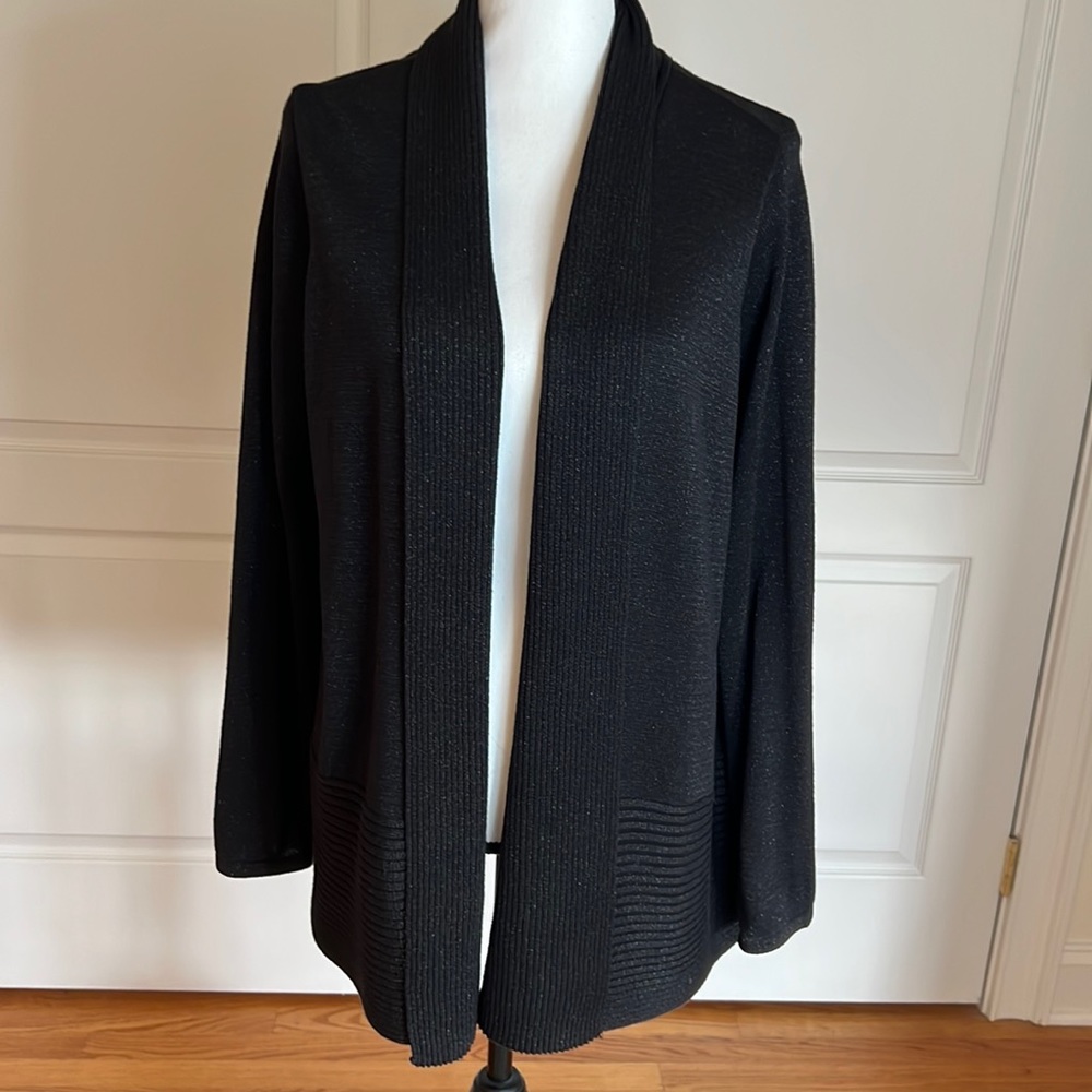 Ribbed trim black shawl collar cardigan with a hint of lurex by Studio Works
